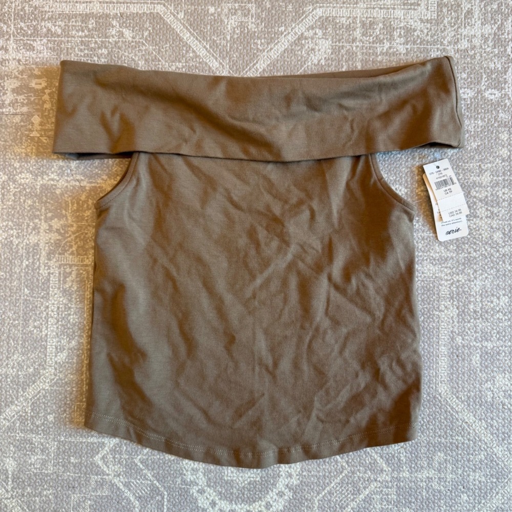 Aerie Off The Shoulder Top Womens XS Brown Foldover Neck Sleeveless NWT